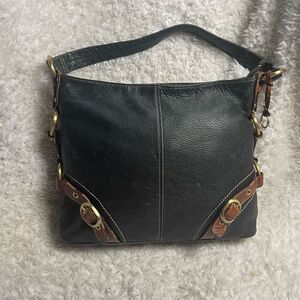 Luce pebble leather black large shoulder bag brown leather accents